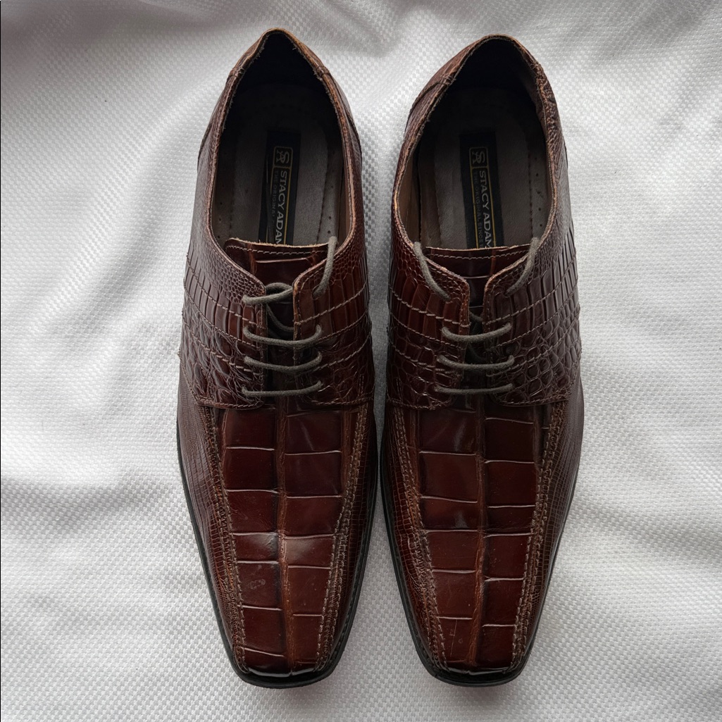 Stacy Adams Mens Leather Crocodile Pattern Brown Oxfords Size 12
